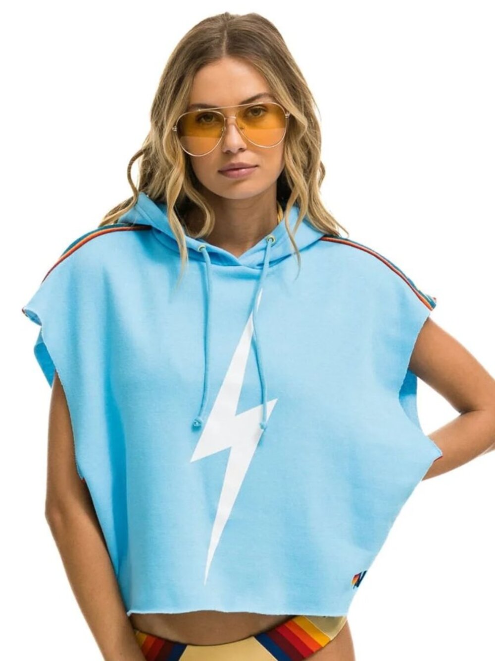 AVIATOR NATION - BOLT STRIPE SLEEVELESS RELAXED CROPPED PULLOVER HOODIE - SKY XS - Picture 3 of 12